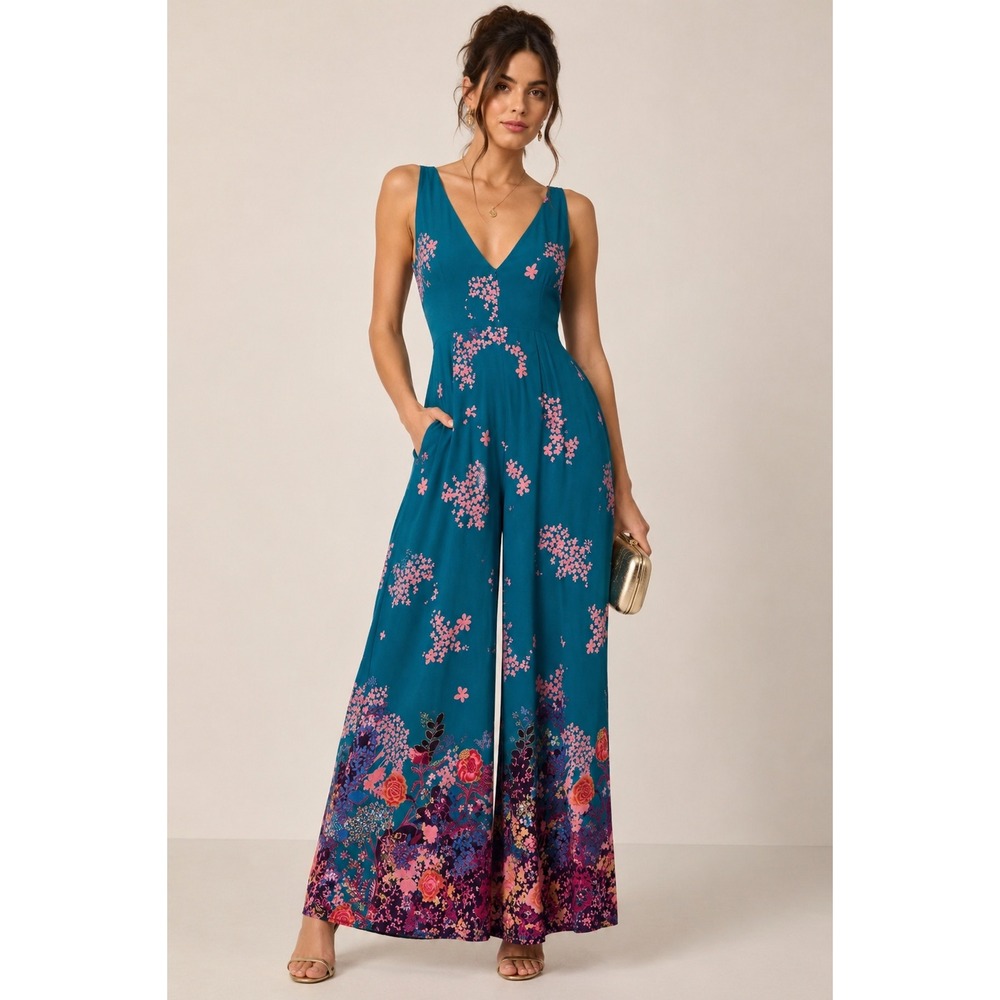 Maeve Anthropologie Andalusia Teal Floral Wide Leg Jumpsuit Boho Romantic Chic 6